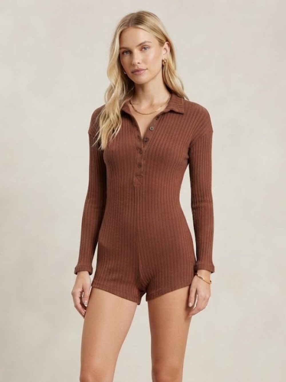 Project Social T Ribbed Scoop Short Longsleeve Romper in Desert Terra Brown XS